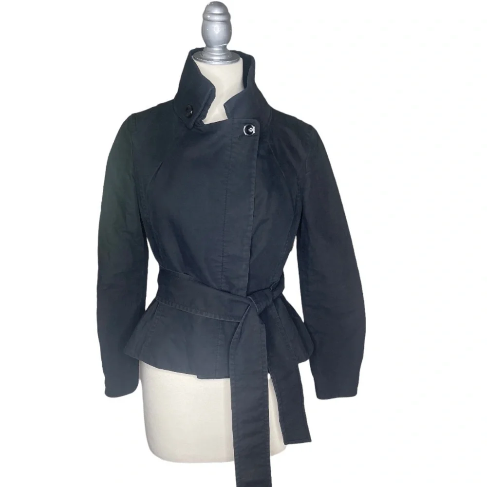 Armani Exchange Black Cotton Lined High Collar Trench Pockets Jacket Wrap Belt S - Picture 1 of 10
